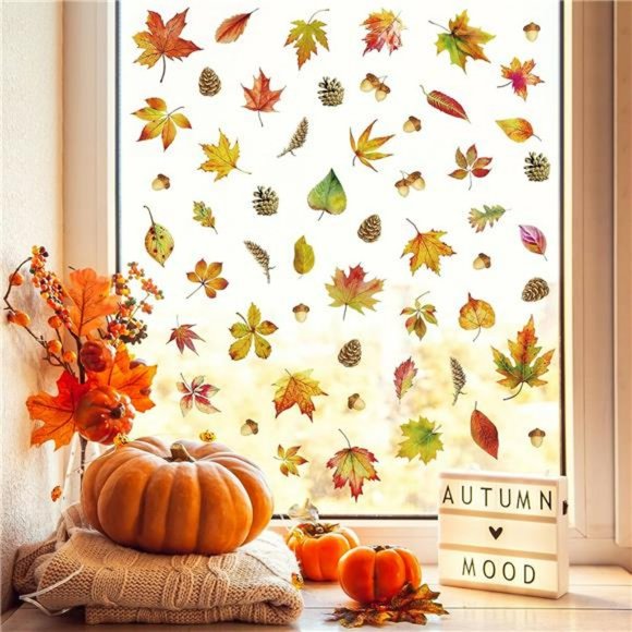 Thanksgiving Window Clings 6 Sheets Maple Leaves Pine Cones Window Sticker - Picture 2 of 7